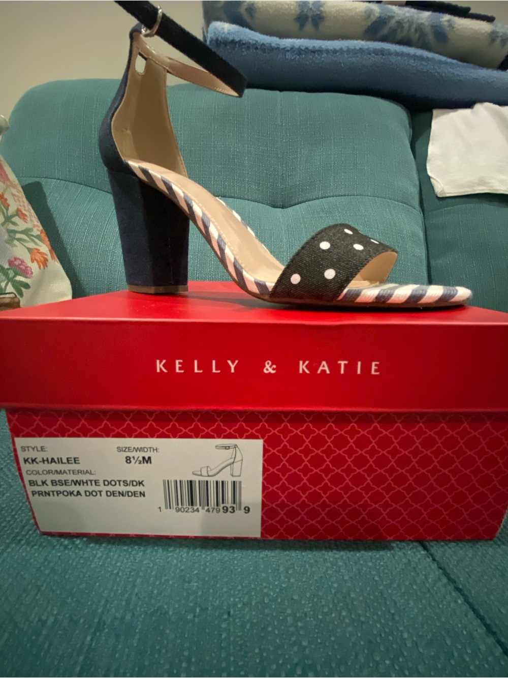 Kelly & Katie Denim Polka Dot Ankle Strap Block Heel Sandals